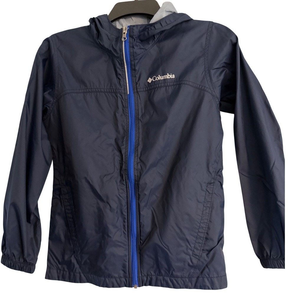 Columbia Windbreaker Jacket Kids Size M 10/12 Navy Blue Good Hooded Full Zip